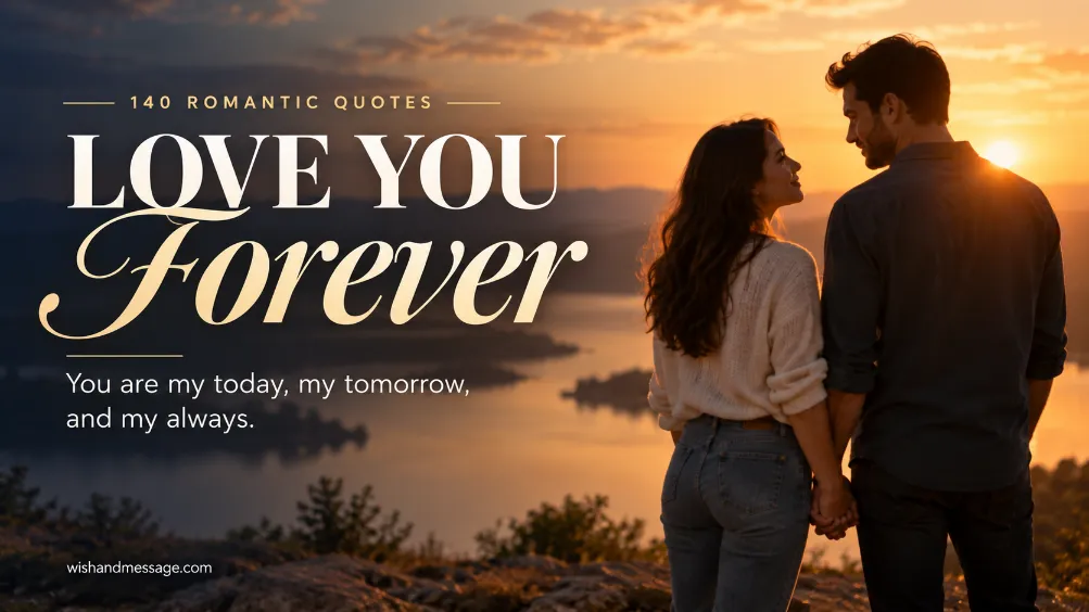 Couple holding hands at sunset with a stylish Love You Forever quote