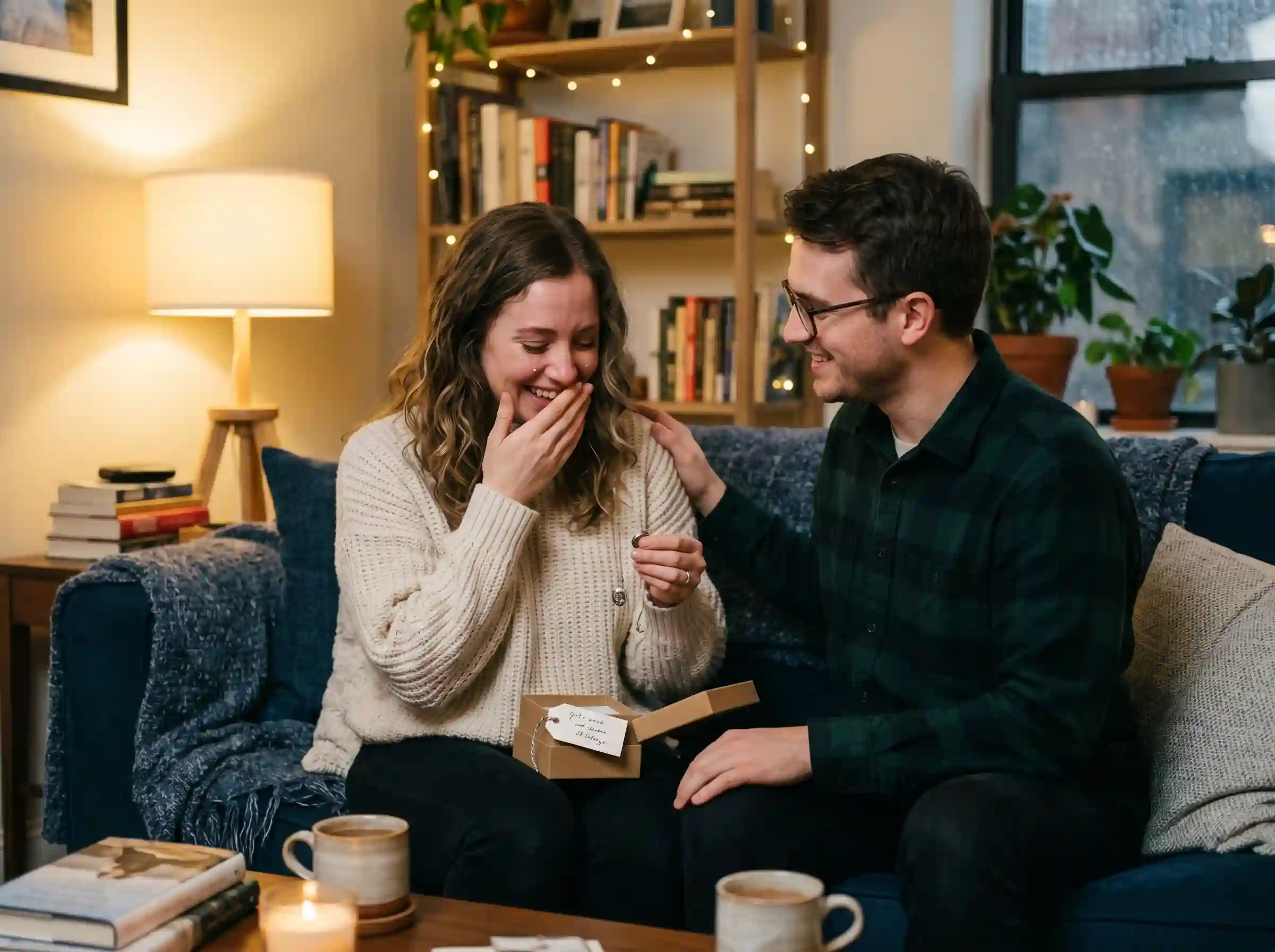 Couple exchanging a thoughtful surprise gift with appreciation