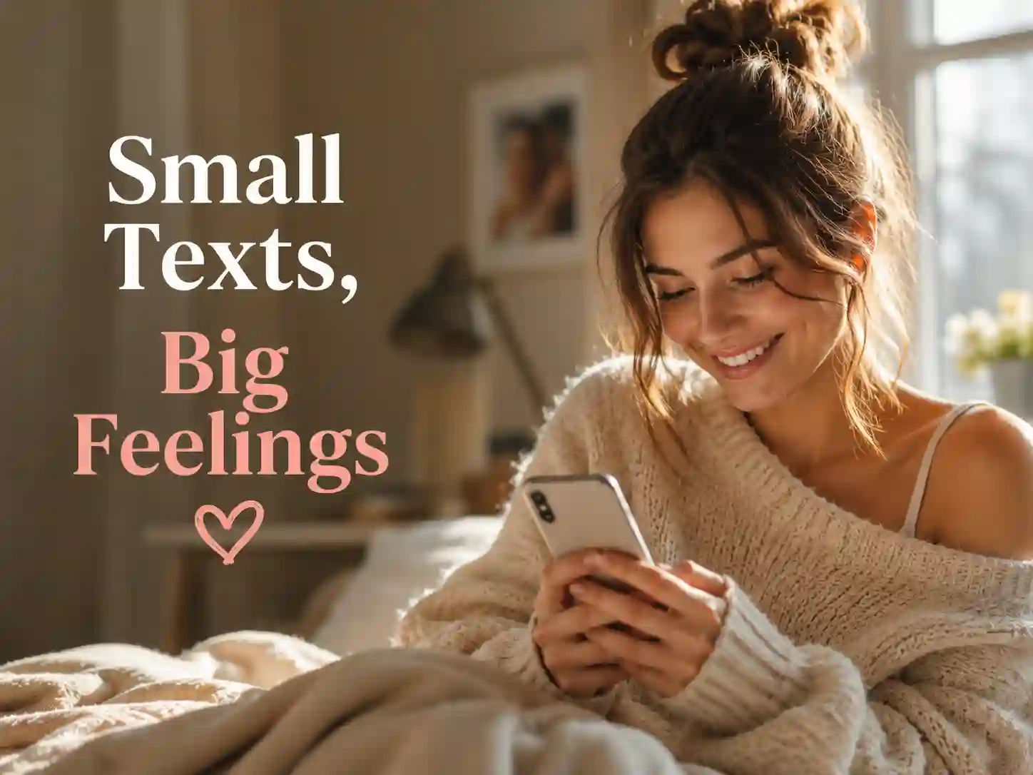 Woman smiling while receiving short sweet love text messages on her phone