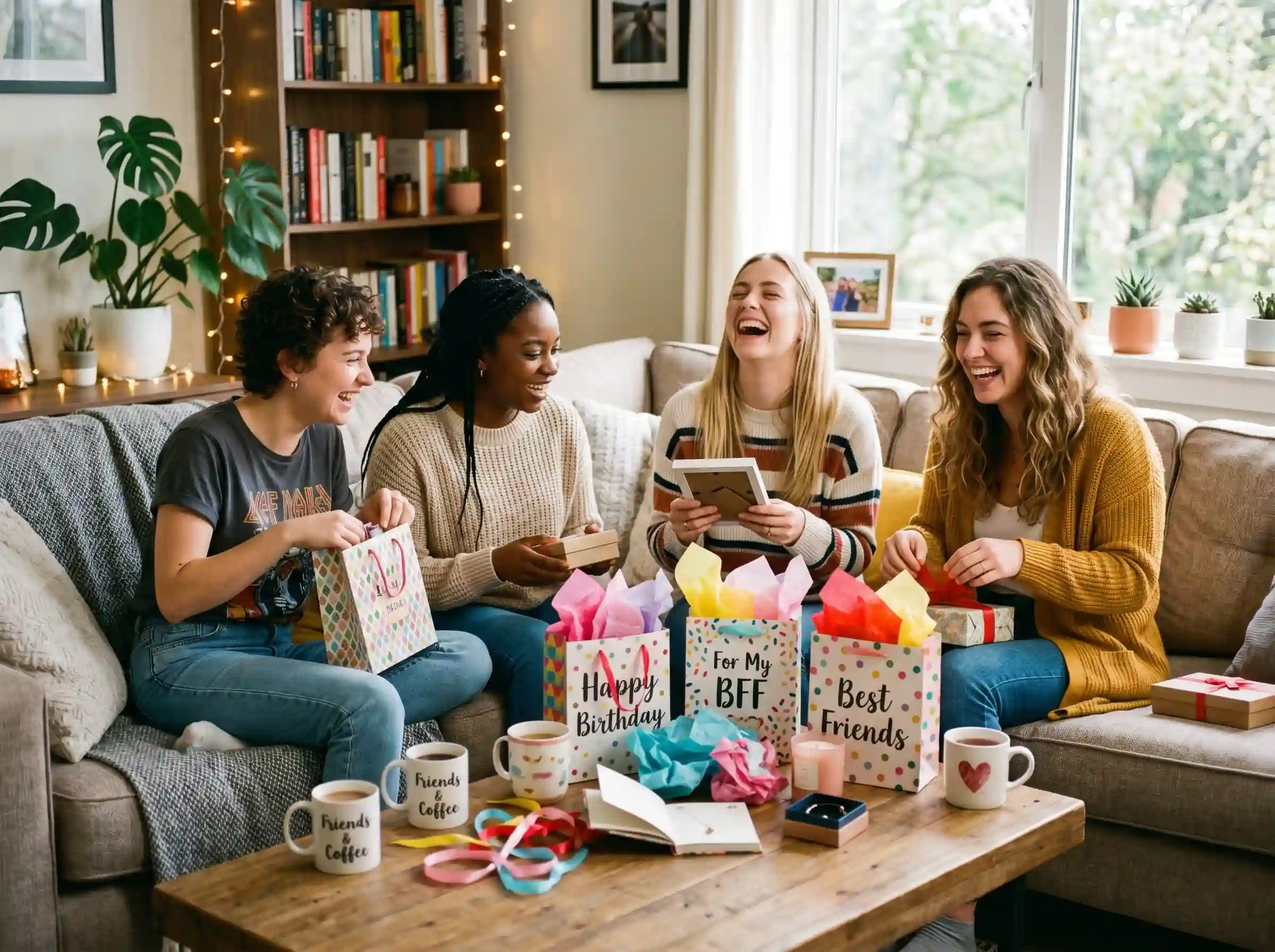 Best friends sharing thoughtful gifts and appreciation