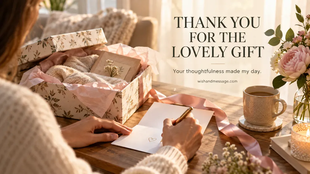 Woman writing a thank-you card beside an opened lovely gift in warm sunlight