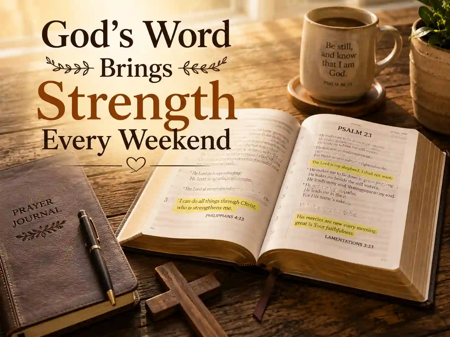 Open Bible with warm morning light and prayer journal representing scripture inspired weekend prayer and faith