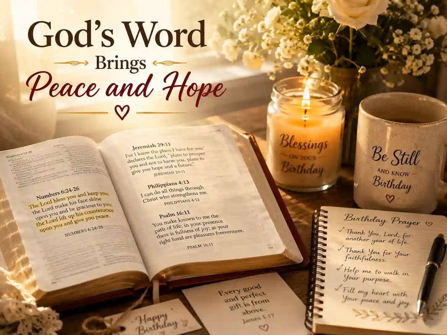 Open Bible with highlighted birthday blessing scriptures and candles