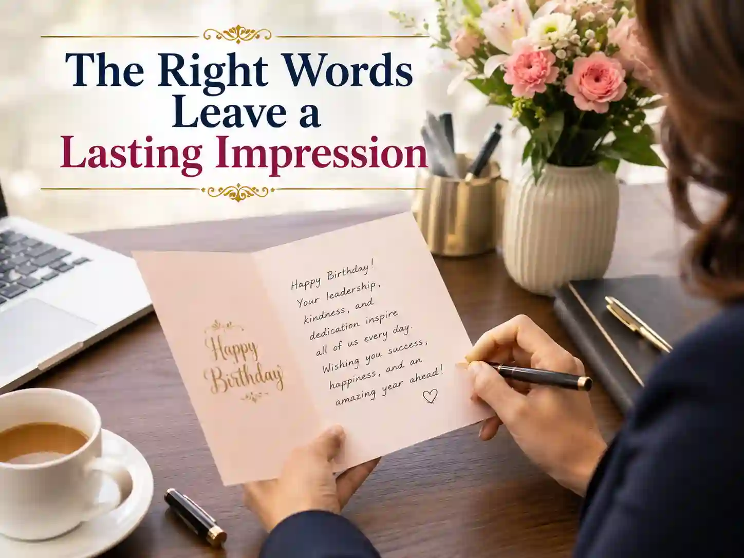 Employee writing a personalized birthday message for boss lady in a professional office setting