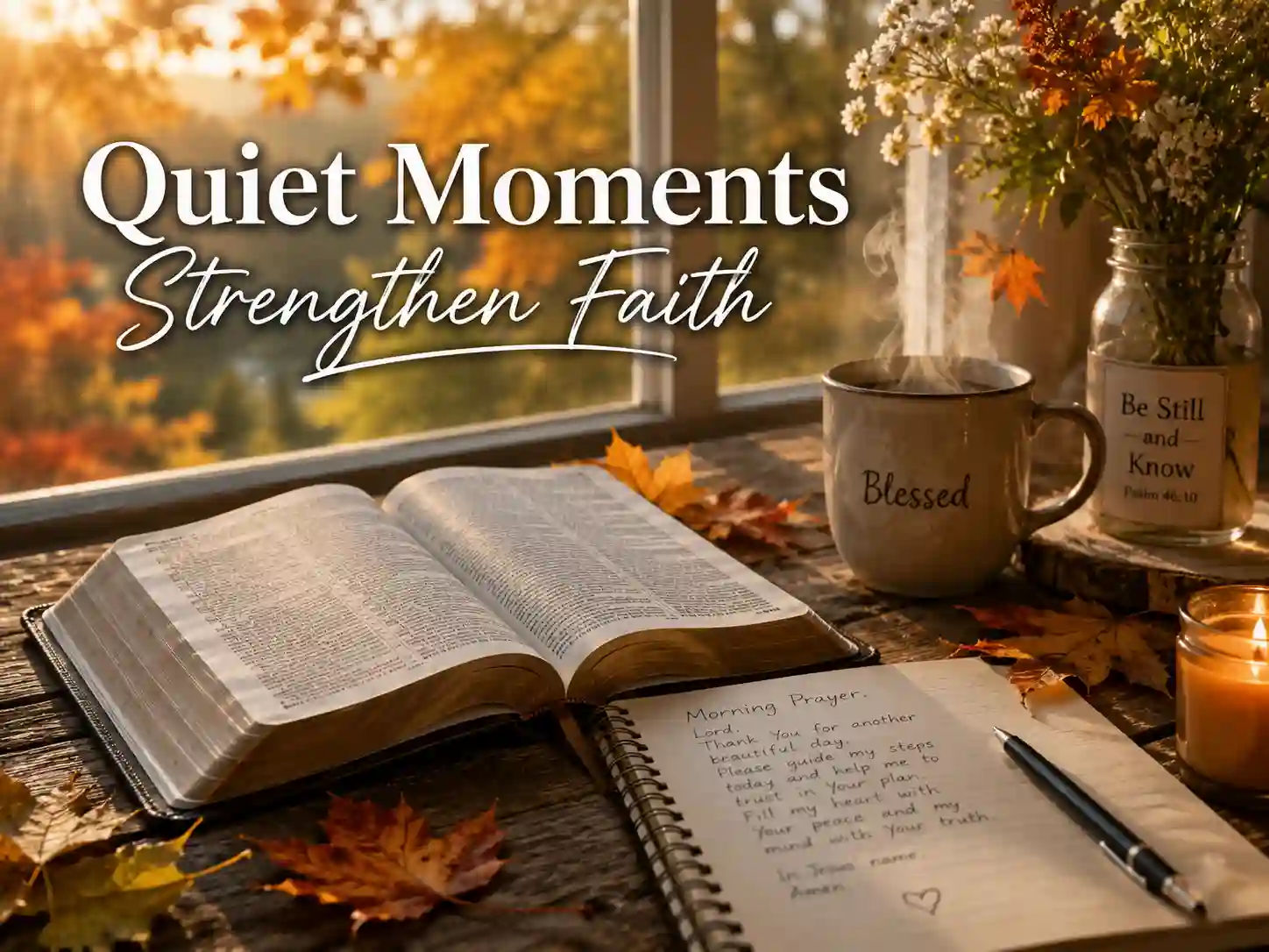 Bible and prayer journal with autumn leaves arranged for a peaceful Christian quiet time devotion.
