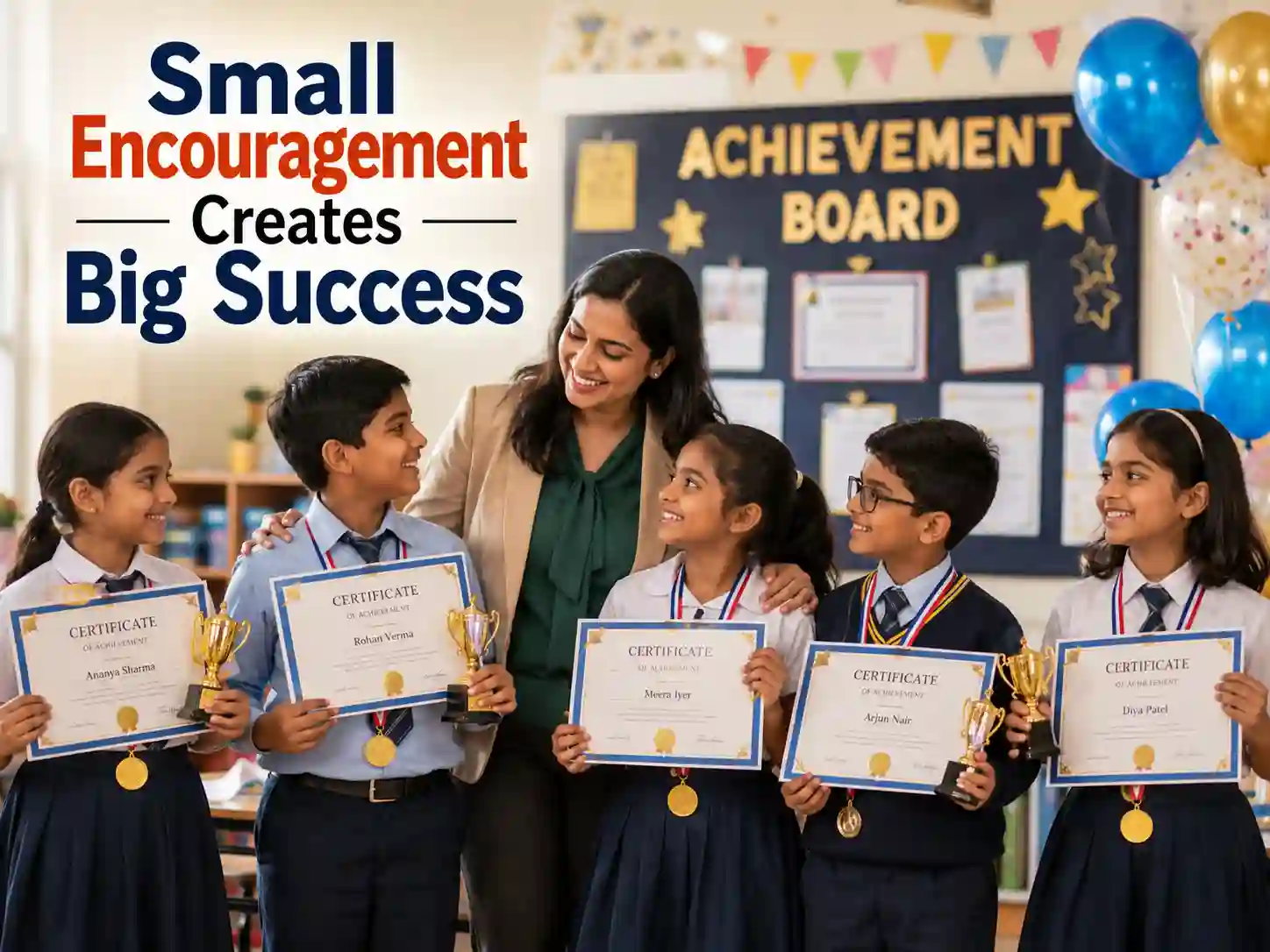Teacher congratulating successful students during an academic achievement celebration.