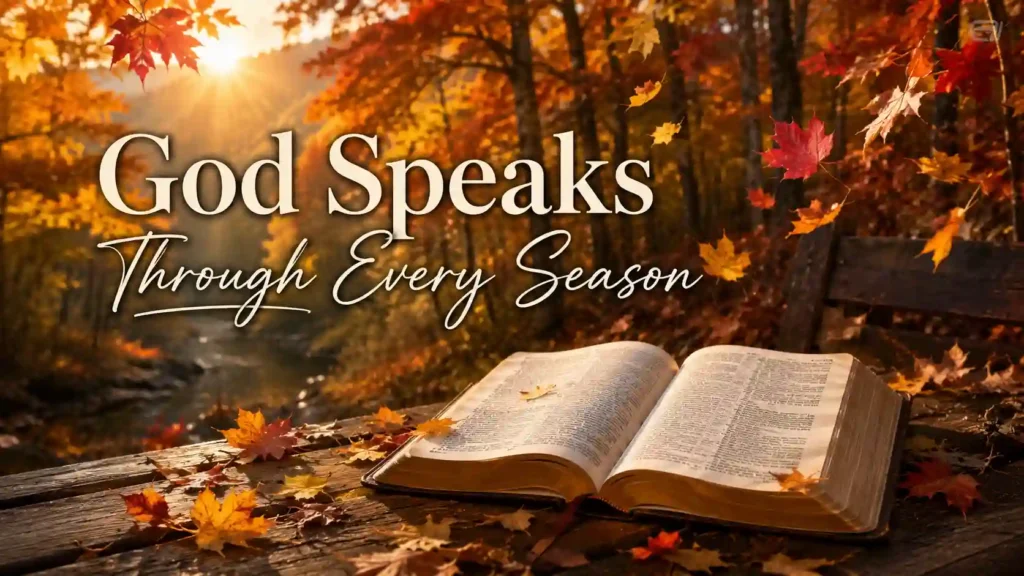 Open Bible surrounded by colorful autumn leaves in a peaceful forest representing Bible verses about falling leaves and spiritual renewal.