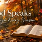 Open Bible surrounded by colorful autumn leaves in a peaceful forest representing Bible verses about falling leaves and spiritual renewal.