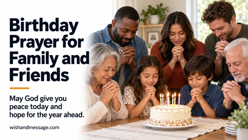 Family and friends praying around a birthday cake. Text: May God give you peace today and hope for the year ahead.