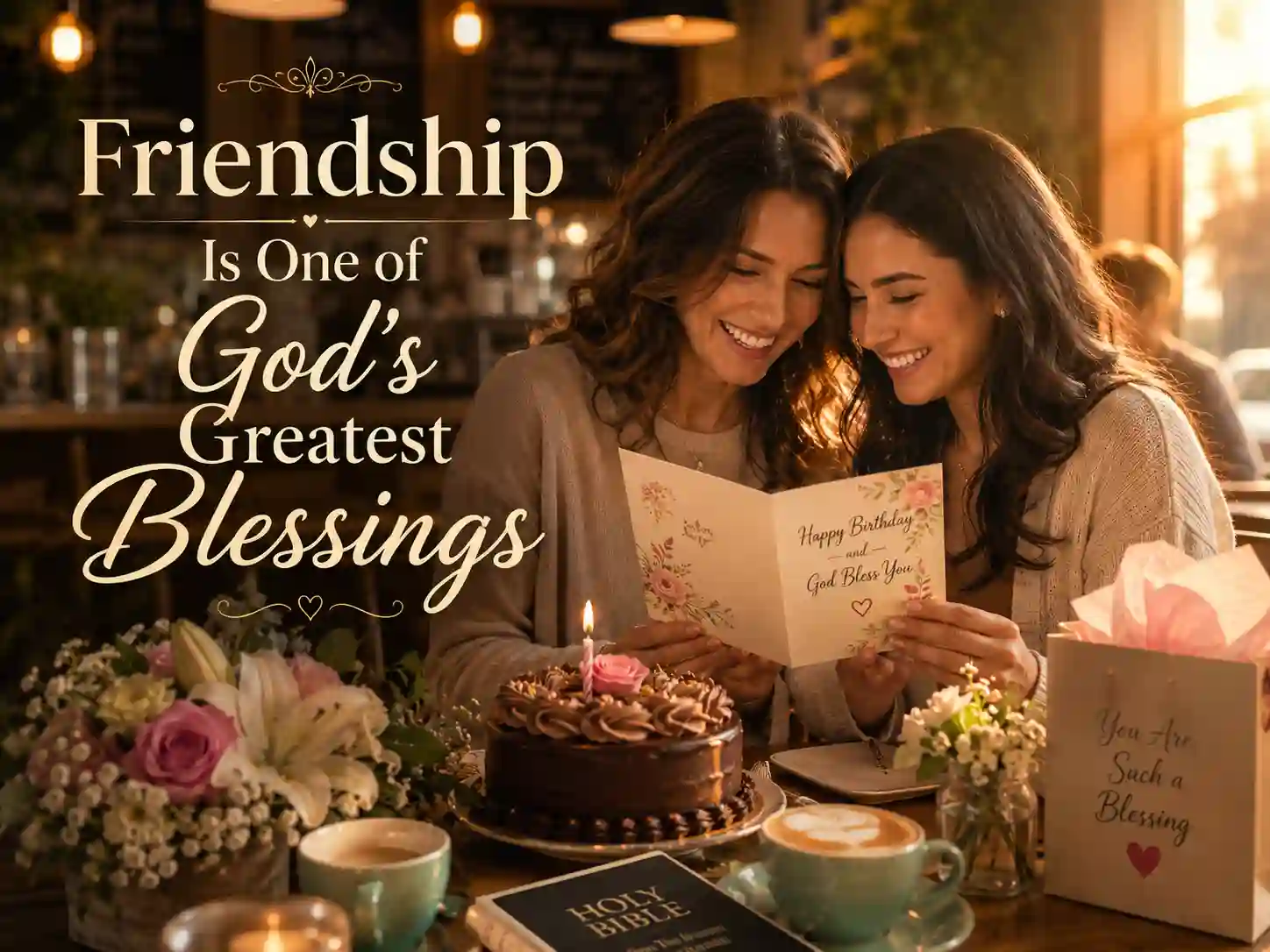 Best friends sharing heartfelt birthday prayer during celebration