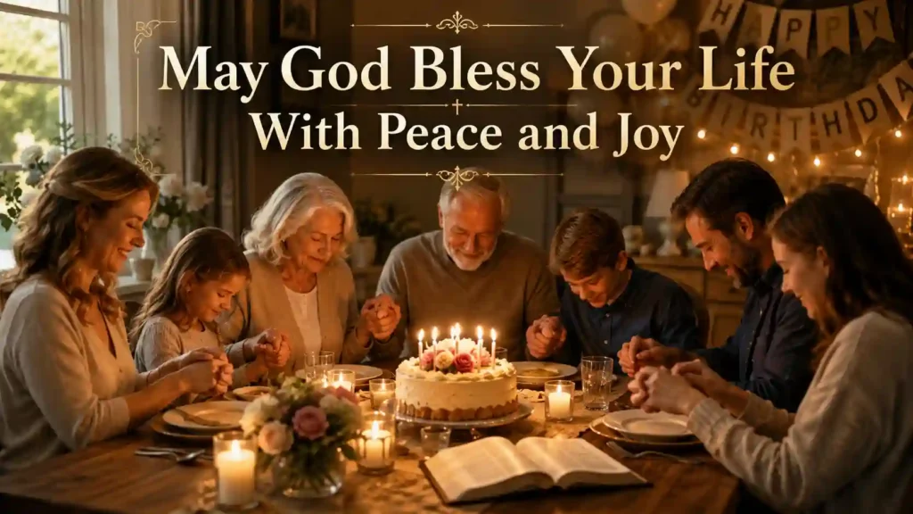 Family praying together during birthday celebration with cake and Bible