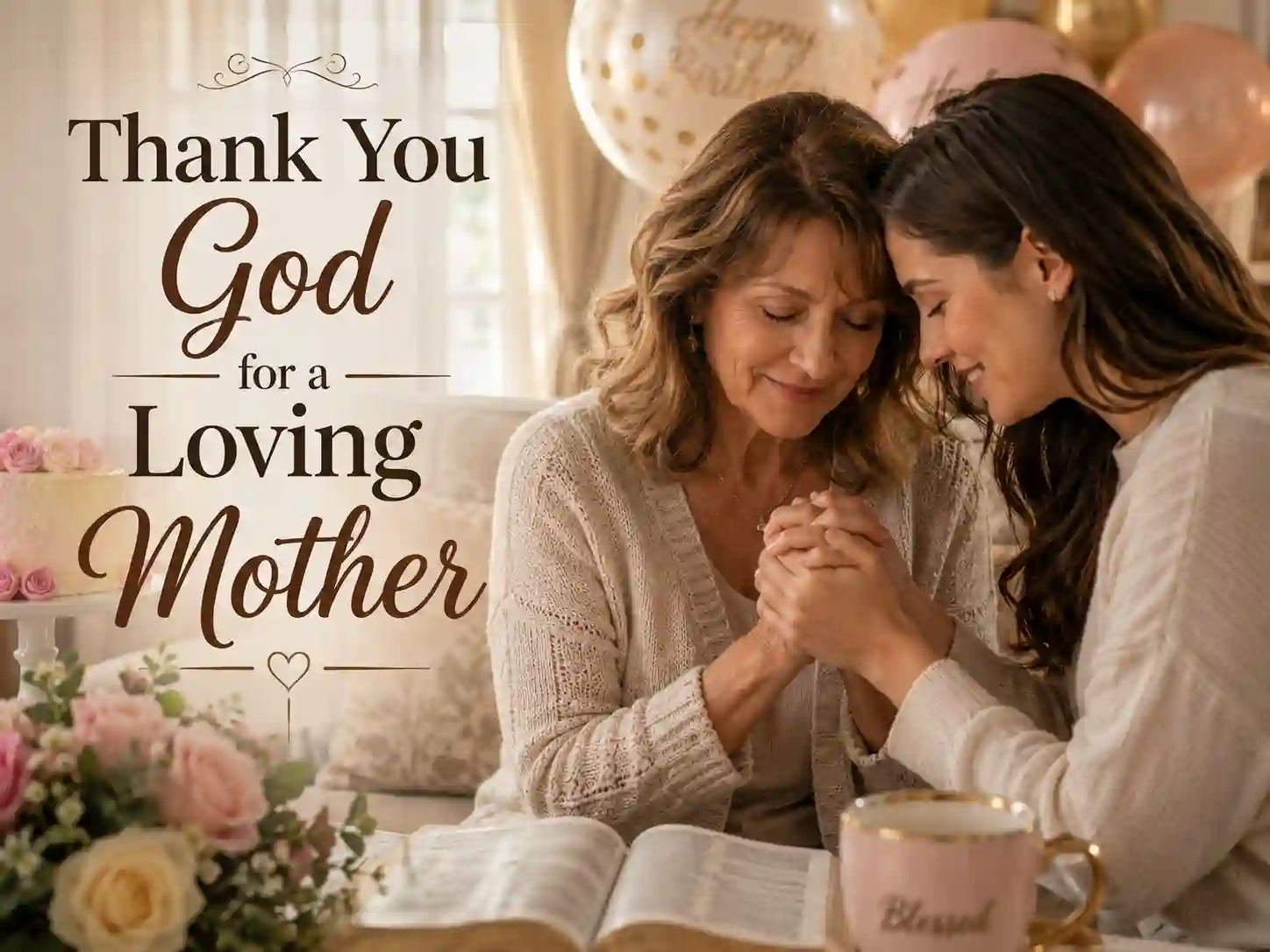 Daughter praying with mother during birthday celebration at homev