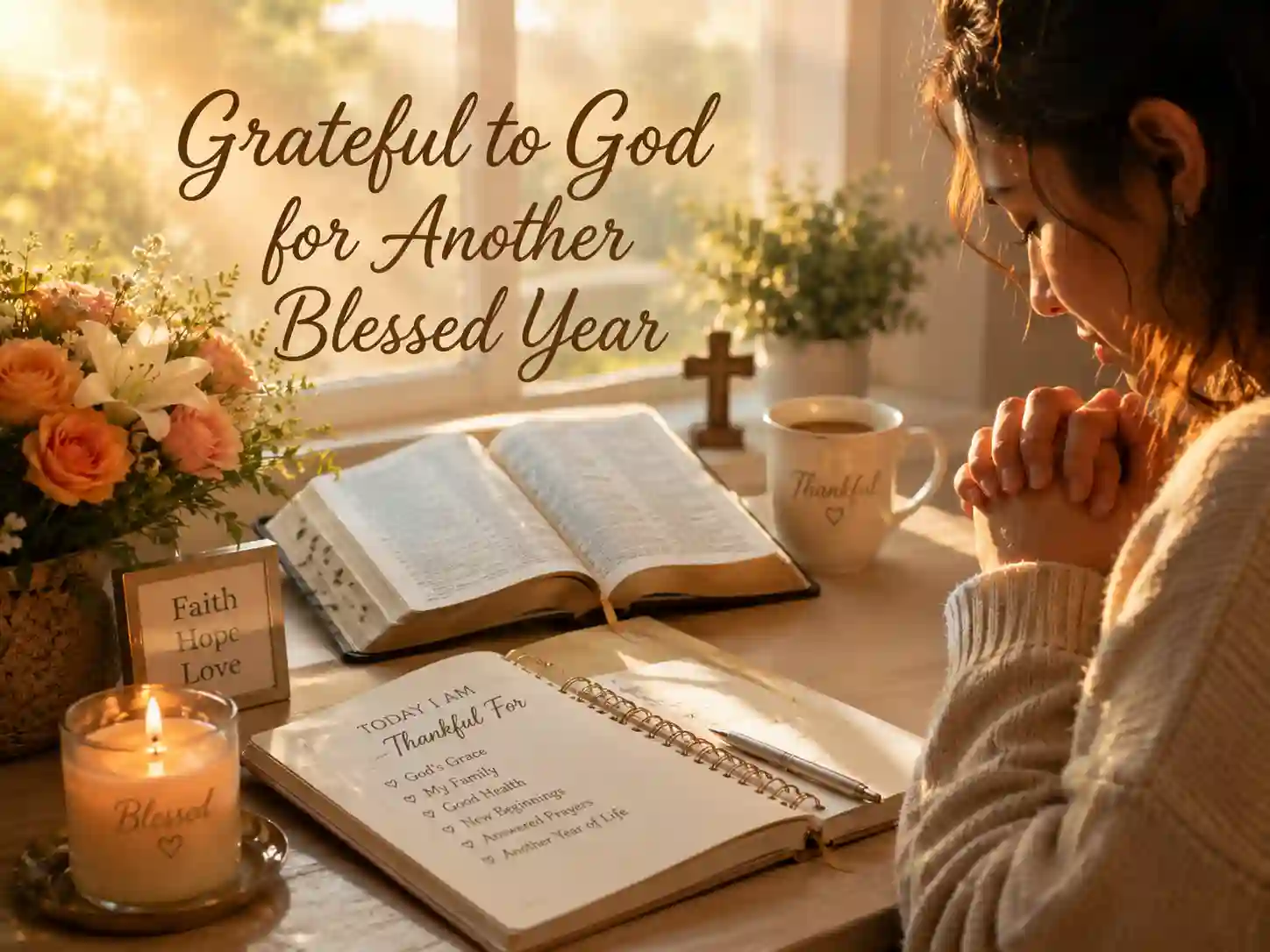 Birthday prayer scene with Bible, gratitude journal, and candle expressing faith and thankfulness.