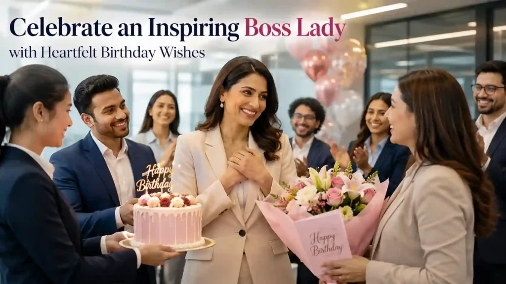 Birthday Wishes for Boss Lady celebration with a professional female boss receiving birthday wishes from her office team