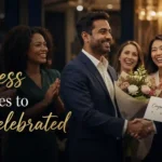 People celebrating a major achievement with congratulations messages and success wishes