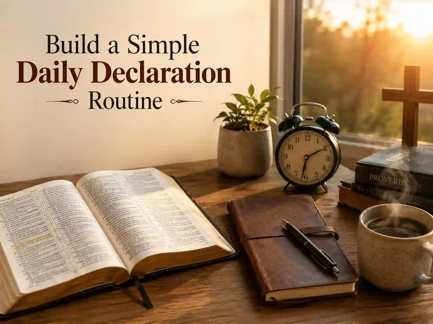 Morning devotional routine with Bible, journal, coffee, and prayer for practicing daily morning declarations.