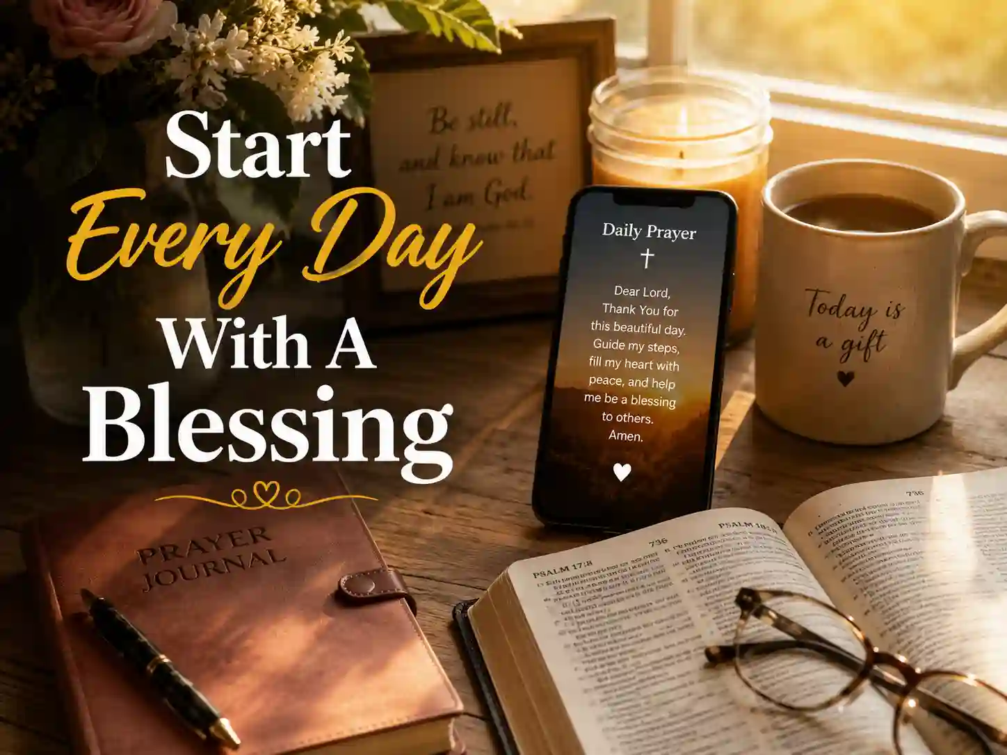 Short daily prayer messages for a friend displayed during a peaceful morning devotion