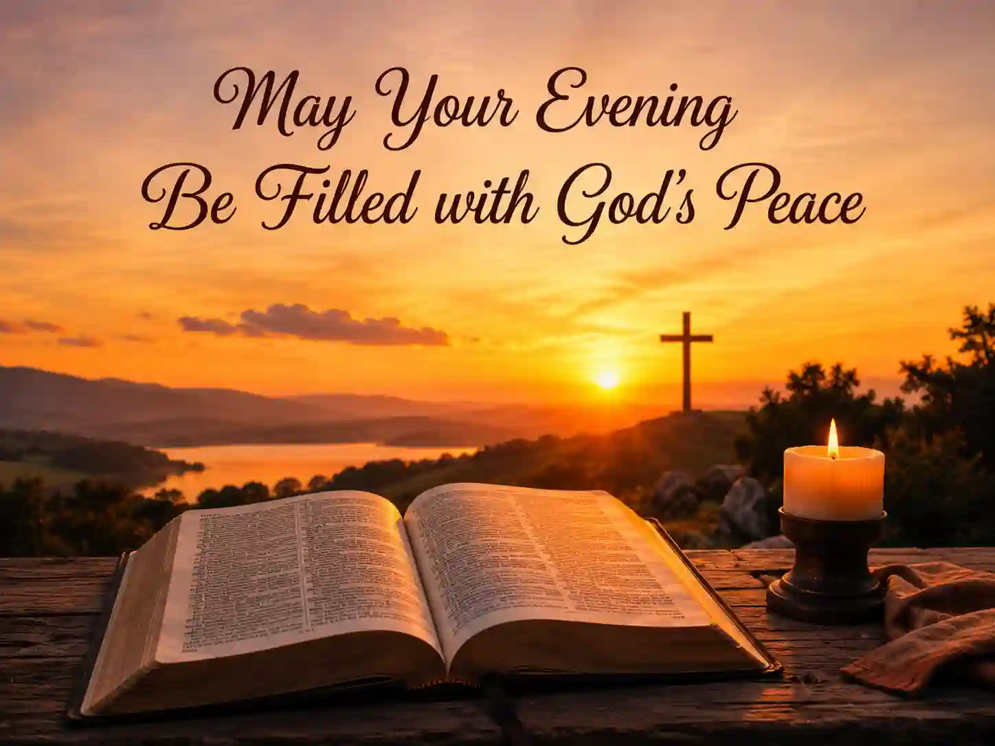 Open Bible and candle at sunset symbolizing evening blessings, prayer, faith, and peace.