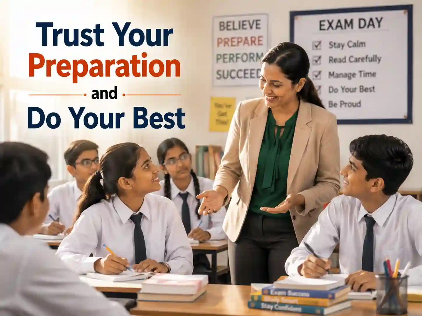 Teacher encouraging students before exams to build confidence and reduce stress.