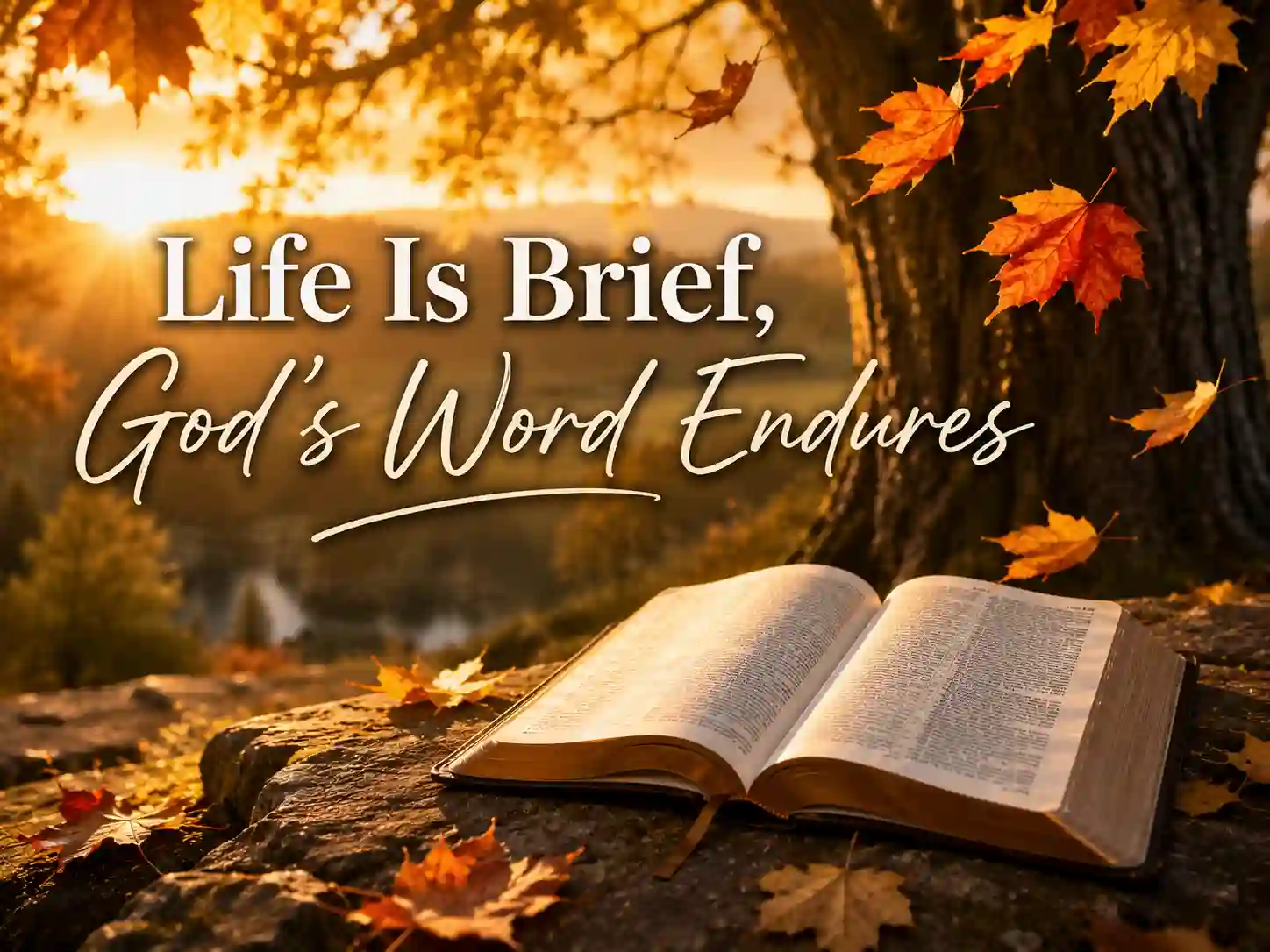 Falling autumn leaves beside an open Bible symbolizing the temporary nature of human life according to Scripture.