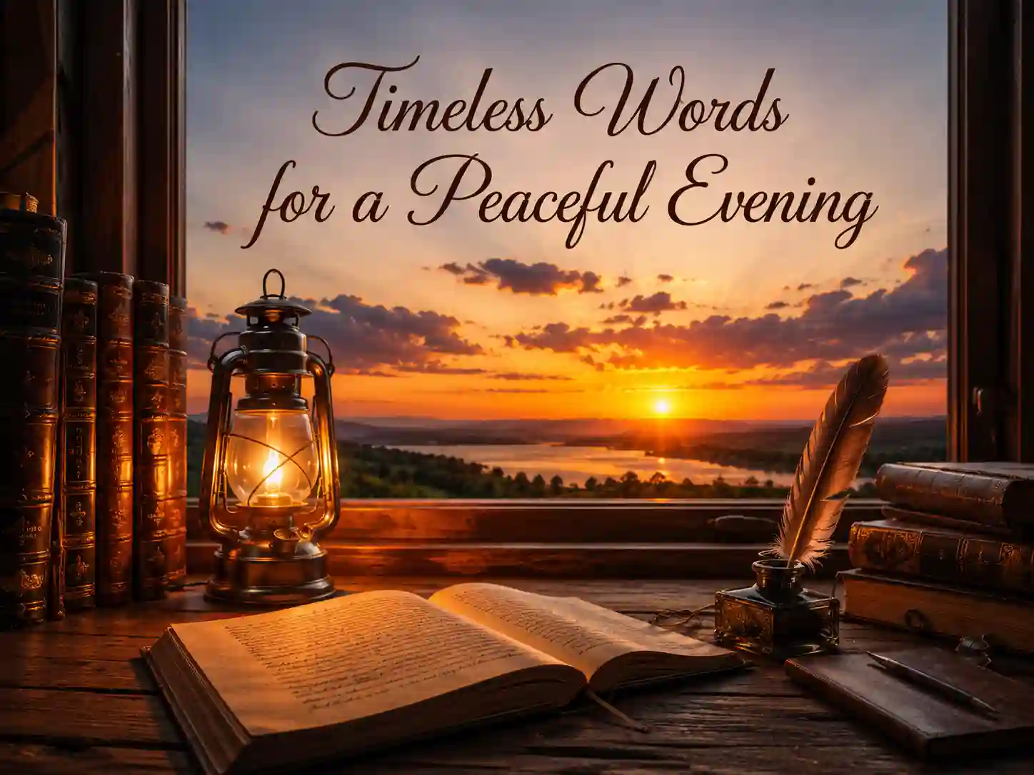 Classic books and lantern representing famous good evening quotes from renowned authors and philosophers.