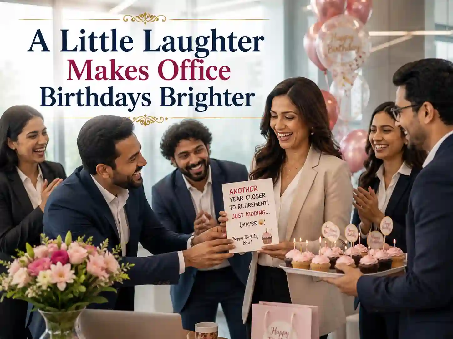 Funny yet respectful birthday wishes for boss lady with coworkers sharing a cheerful office celebration