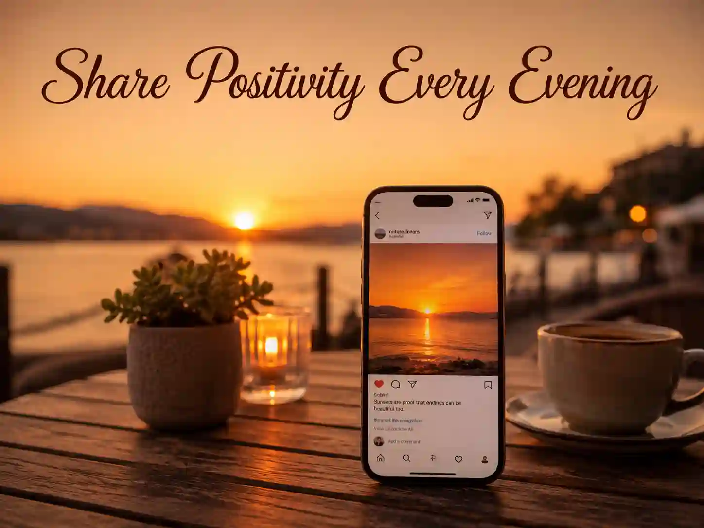 Smartphone showing a sunset image with good evening captions for Instagram, WhatsApp, and Facebook.