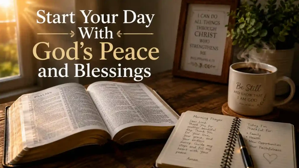 Good morning blessings and prayers devotional scene with open Bible, prayer journal, and sunrise light