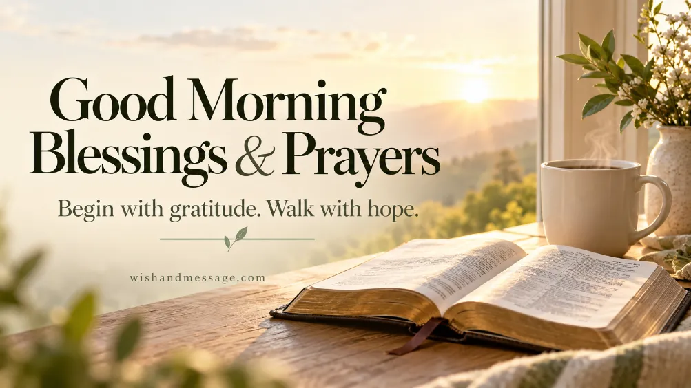 Open Bible and a white mug beside a sunrise window with a good morning blessings and prayers headline.