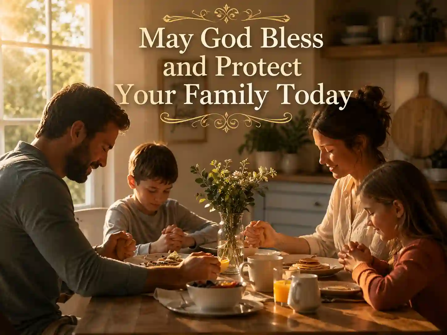 Family praying together in the morning for blessings and protection