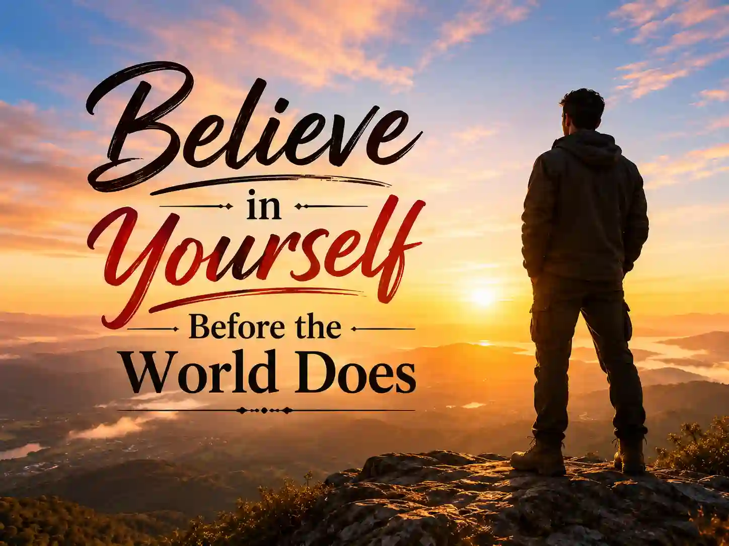 Confidence and self-belief morning quotes with person facing sunrise confidently