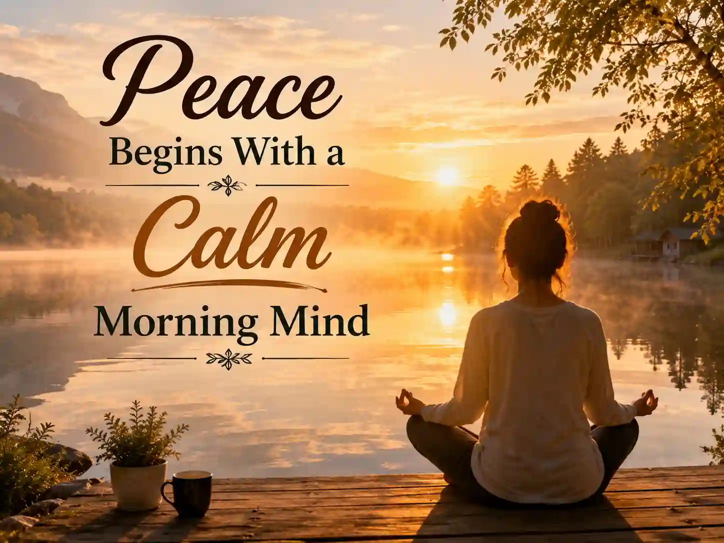 Peaceful morning quotes with meditation and sunrise for inner peace and calm mindset