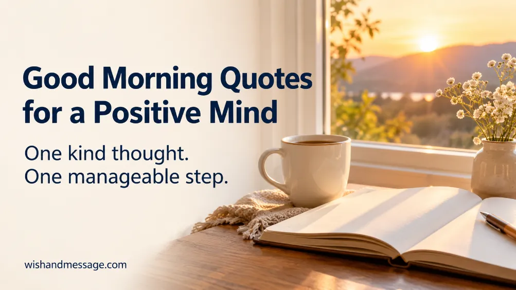 Sunrise through a window beside a cup and open journal, with a positive morning quote.