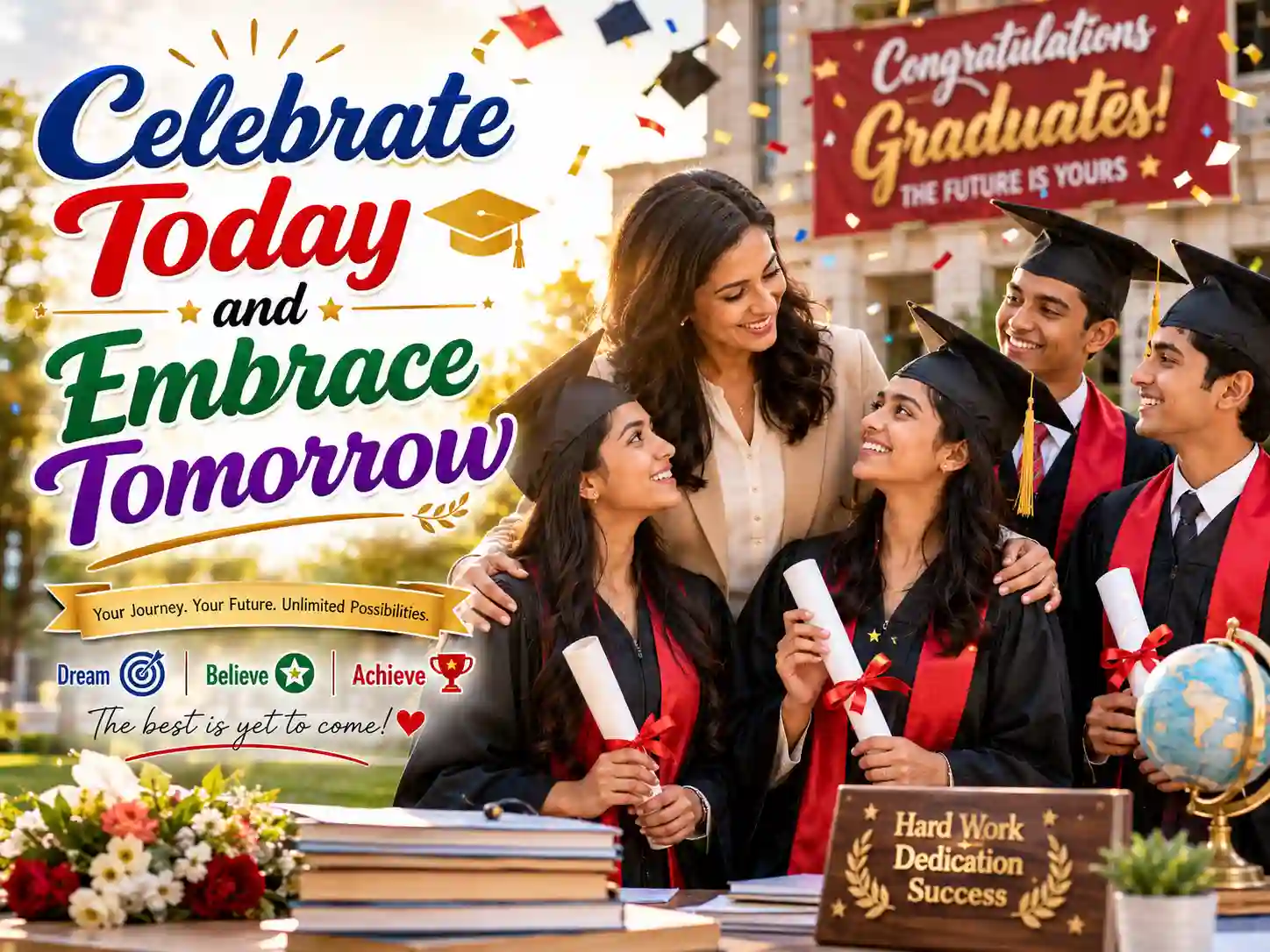 Teacher congratulating graduating students on their achievements and future opportunities.