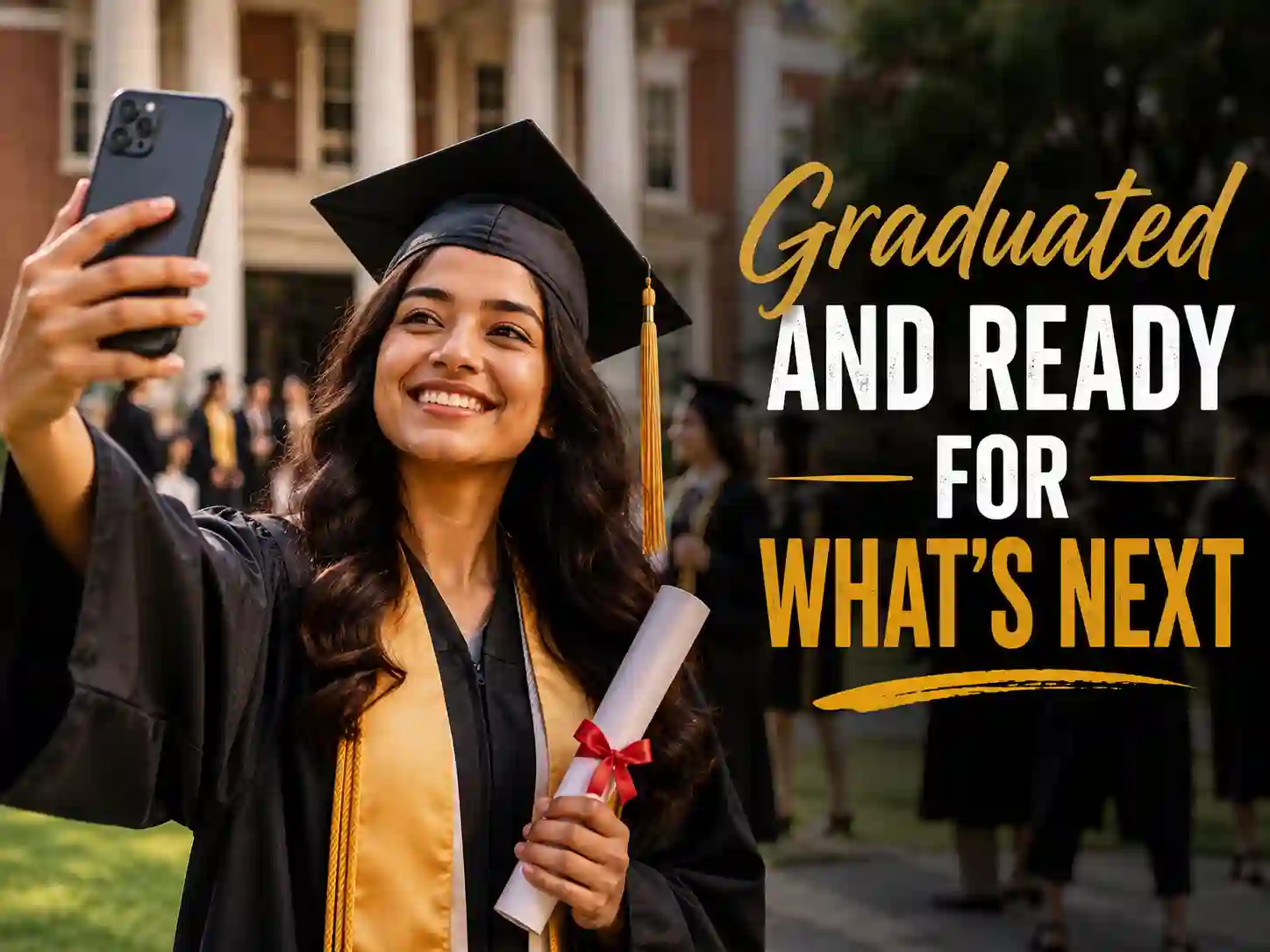 Graduation captions for Instagram and Facebook with graduate sharing achievement on social media