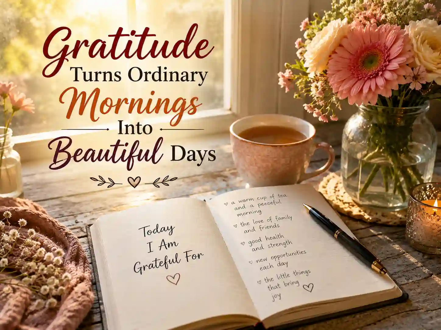 Positive morning quotes about gratitude and happiness with gratitude journal and sunlight