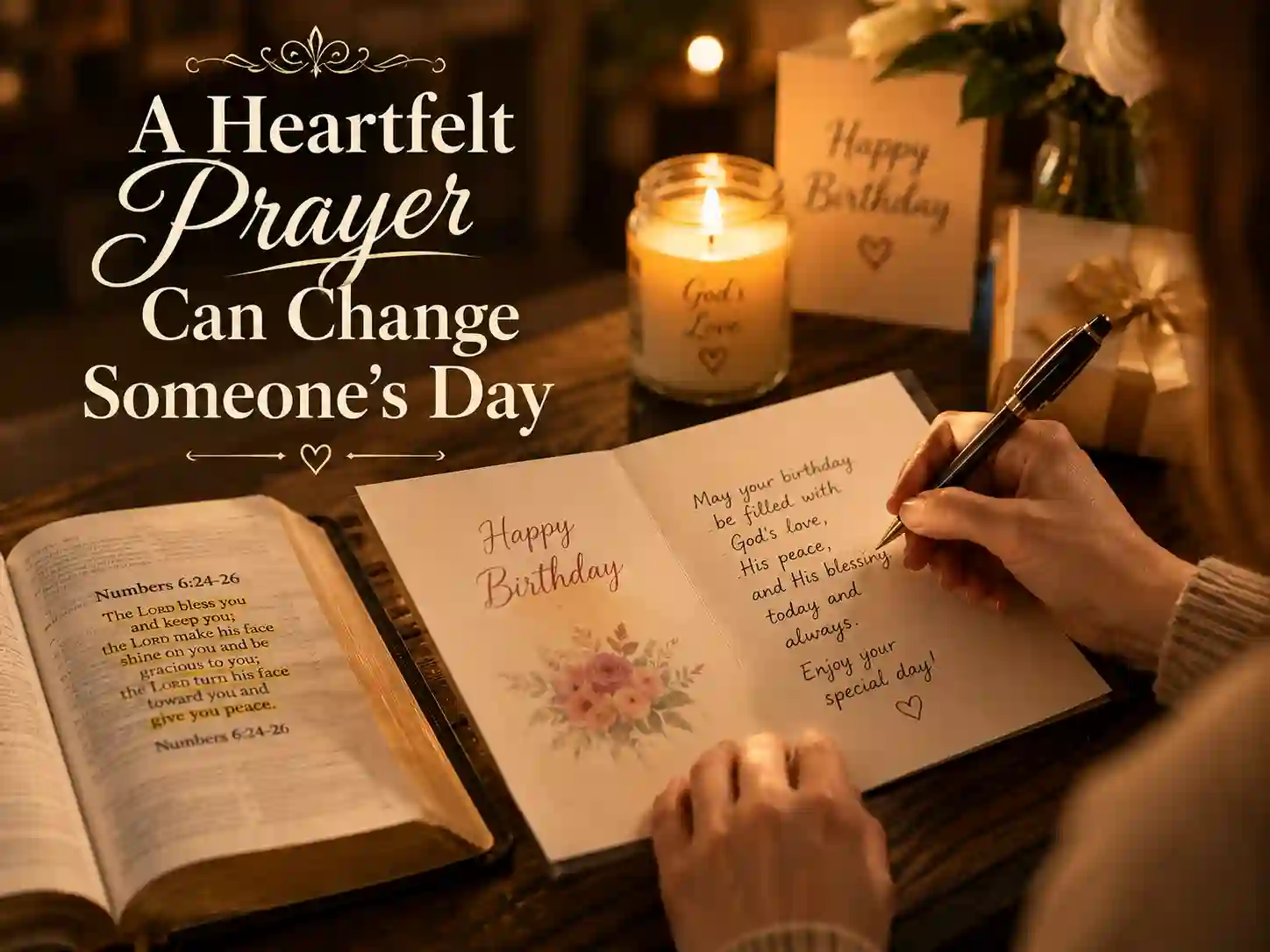 Person writing heartfelt birthday prayer message beside Bible and candle