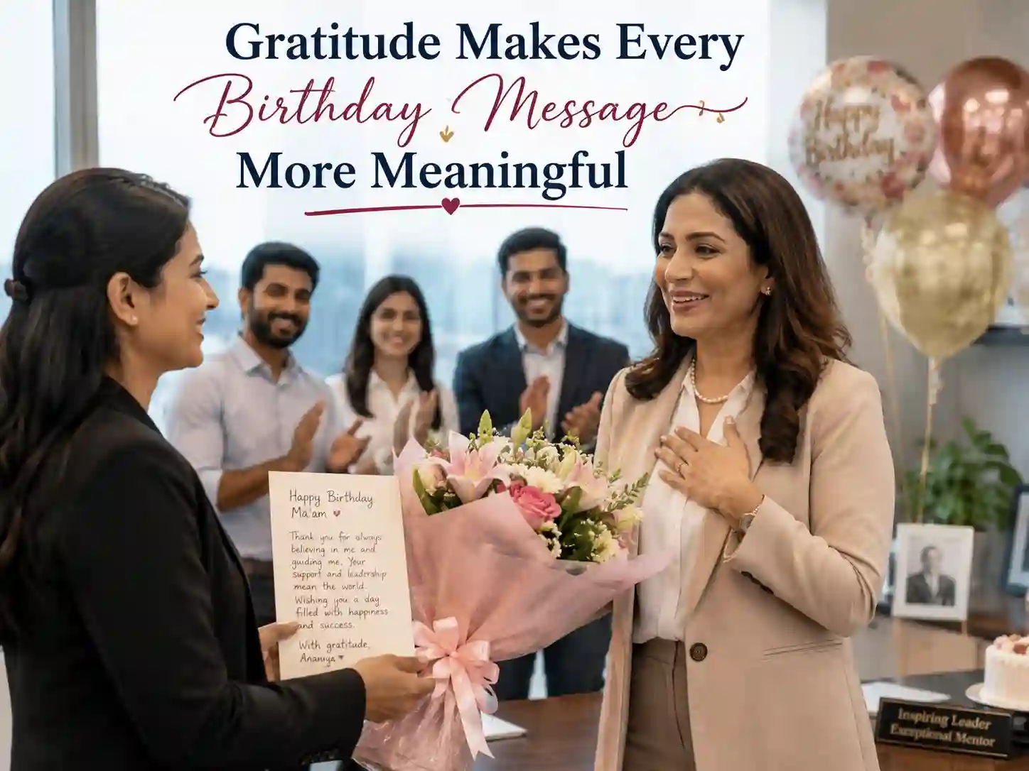 Heartfelt birthday wishes for boss lady featuring a thankful employee giving a meaningful birthday card