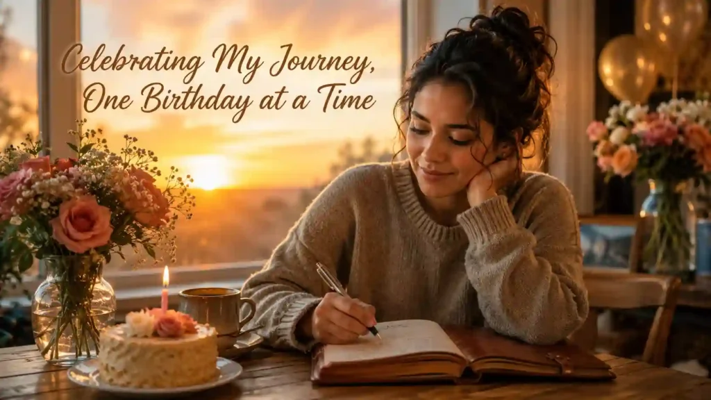 Heartfelt birthday wishes to myself with a person reflecting in a journal beside a birthday cake at sunrise.