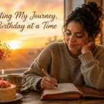 Heartfelt birthday wishes to myself with a person reflecting in a journal beside a birthday cake at sunrise.
