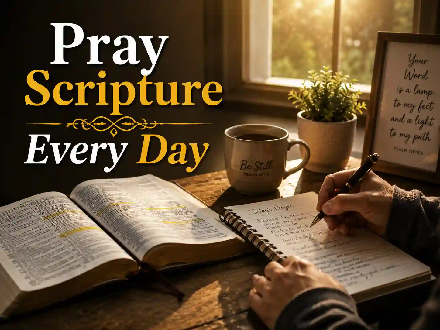 Christian reading the Bible and using Scripture to guide daily prayer.
