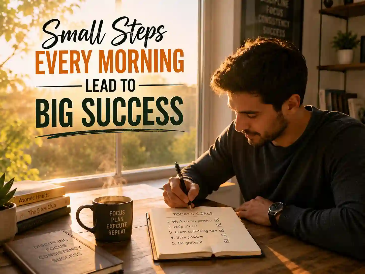 Inspirational good morning quotes for motivation with morning journal and coffee