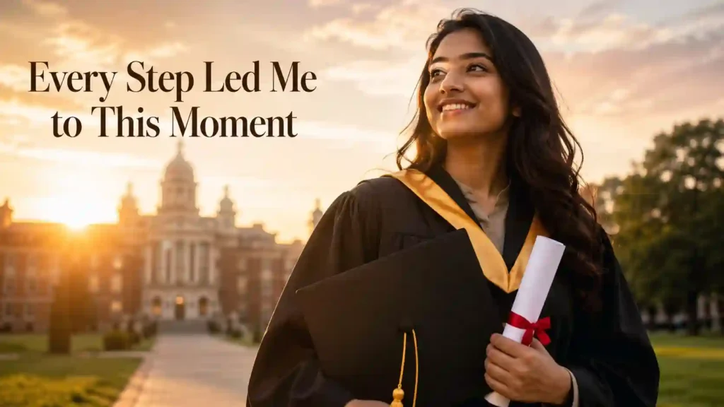 Inspirational graduation message for myself with graduate holding diploma at sunrise celebrating academic success