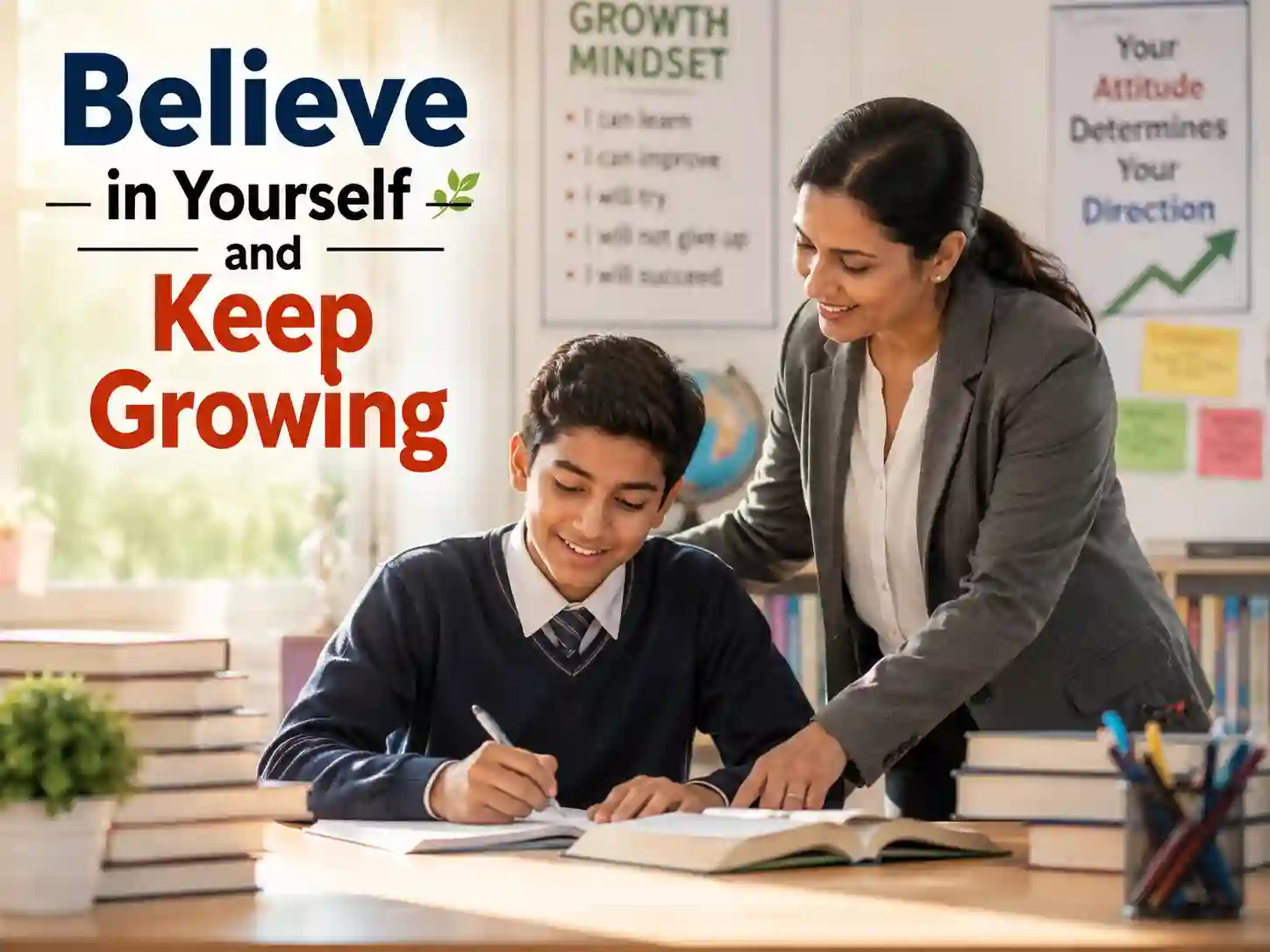 Student studying with confidence while receiving encouragement from a supportive teacher.