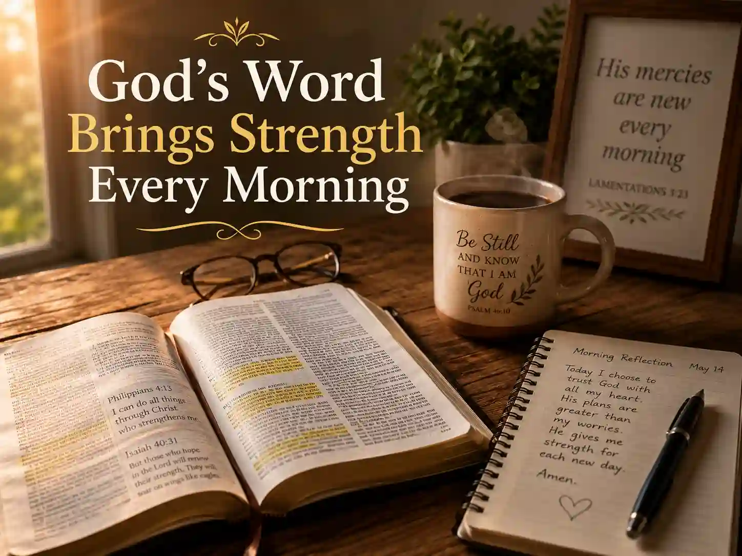 Open Bible with morning scripture verses and prayer journal on table