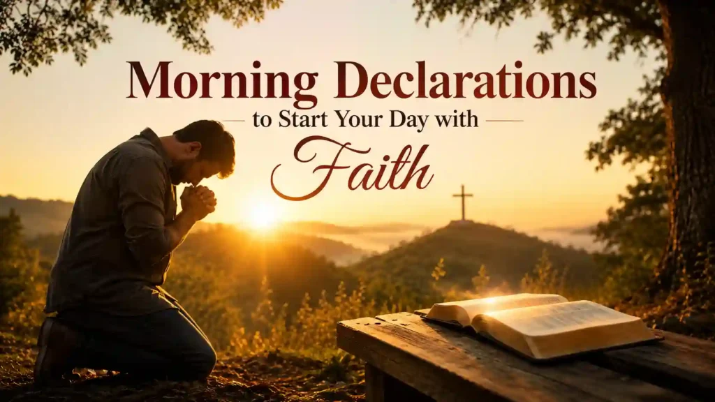 Christian praying at sunrise with an open Bible while speaking morning declarations to begin the day with faith.
