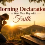 Christian praying at sunrise with an open Bible while speaking morning declarations to begin the day with faith.