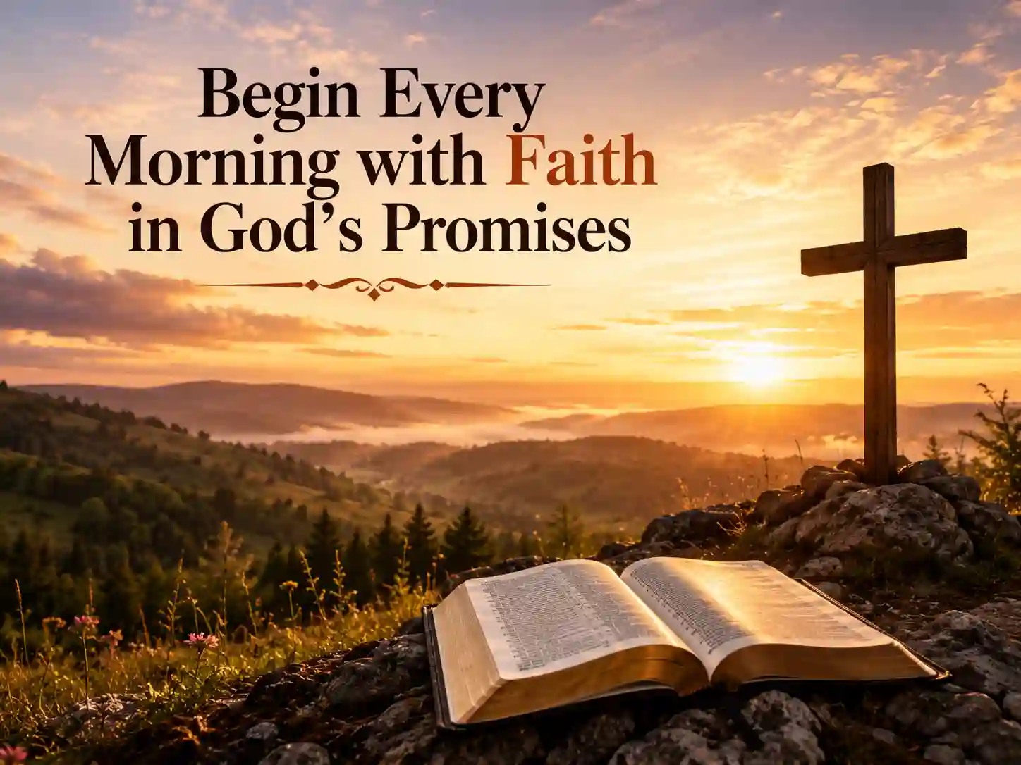 Peaceful Christian sunrise with an open Bible representing faith, hope, and answers about morning declarations.