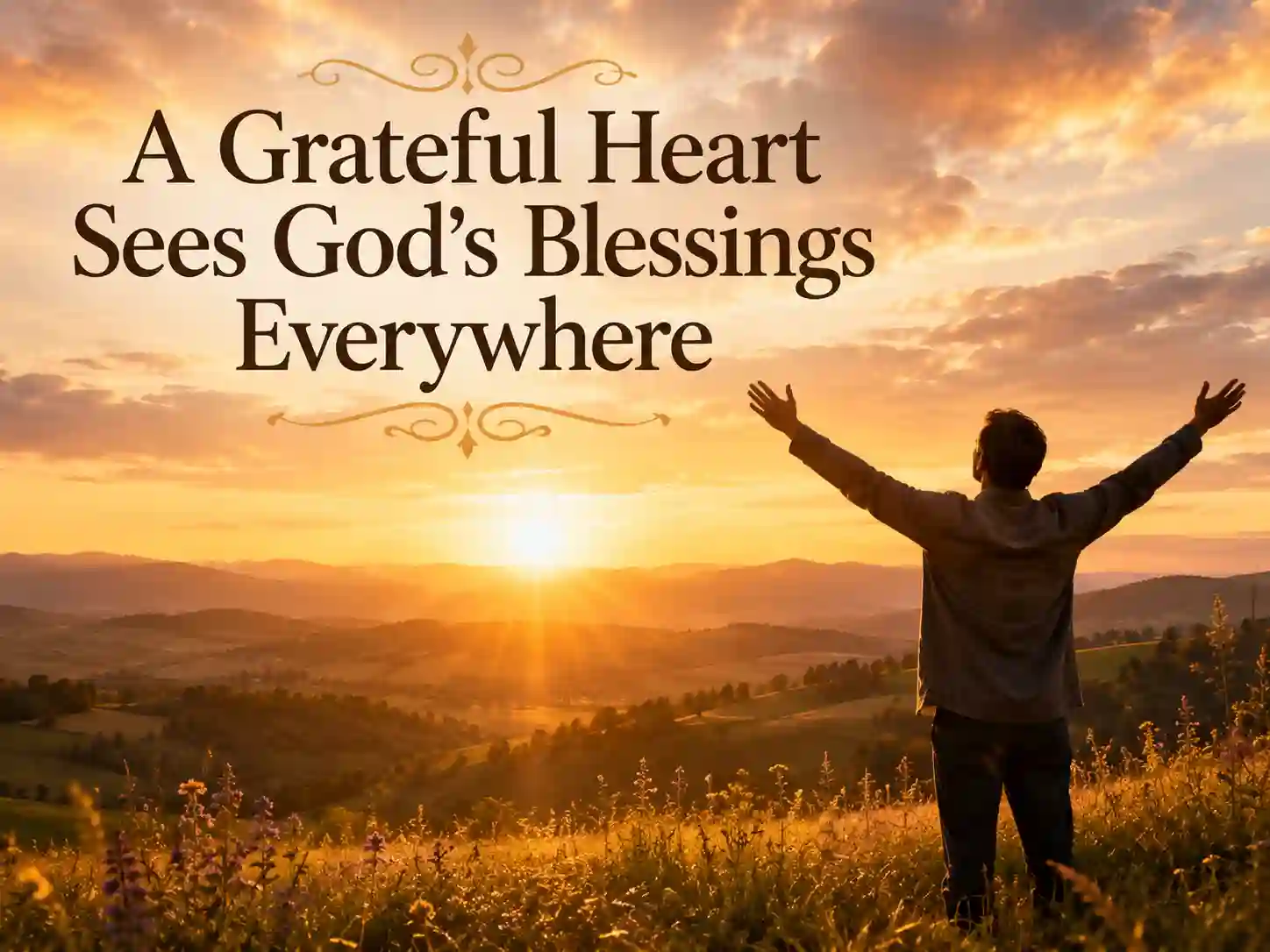 Person expressing gratitude at sunrise surrounded by peaceful nature