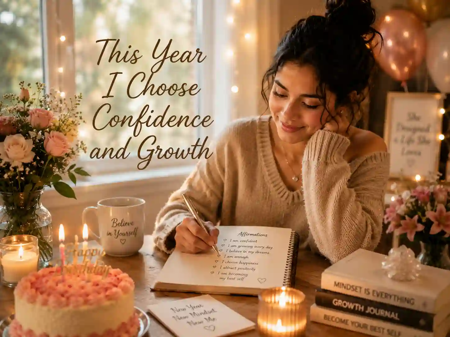 Person writing positive birthday affirmations to build confidence and celebrate personal growth.
